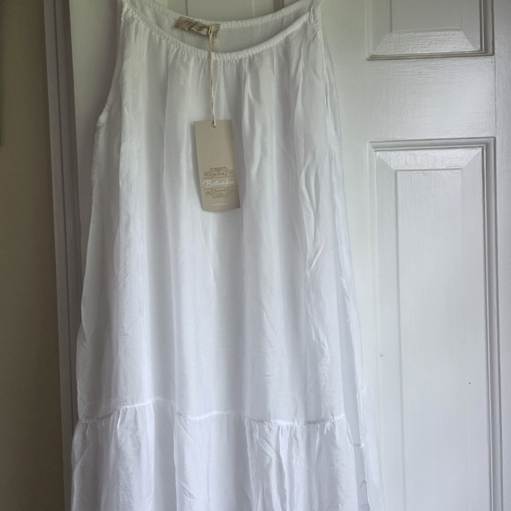 NWT Bellambia White Silk Blend Strap Tiered Maxi Made In Italy Dress Size Small